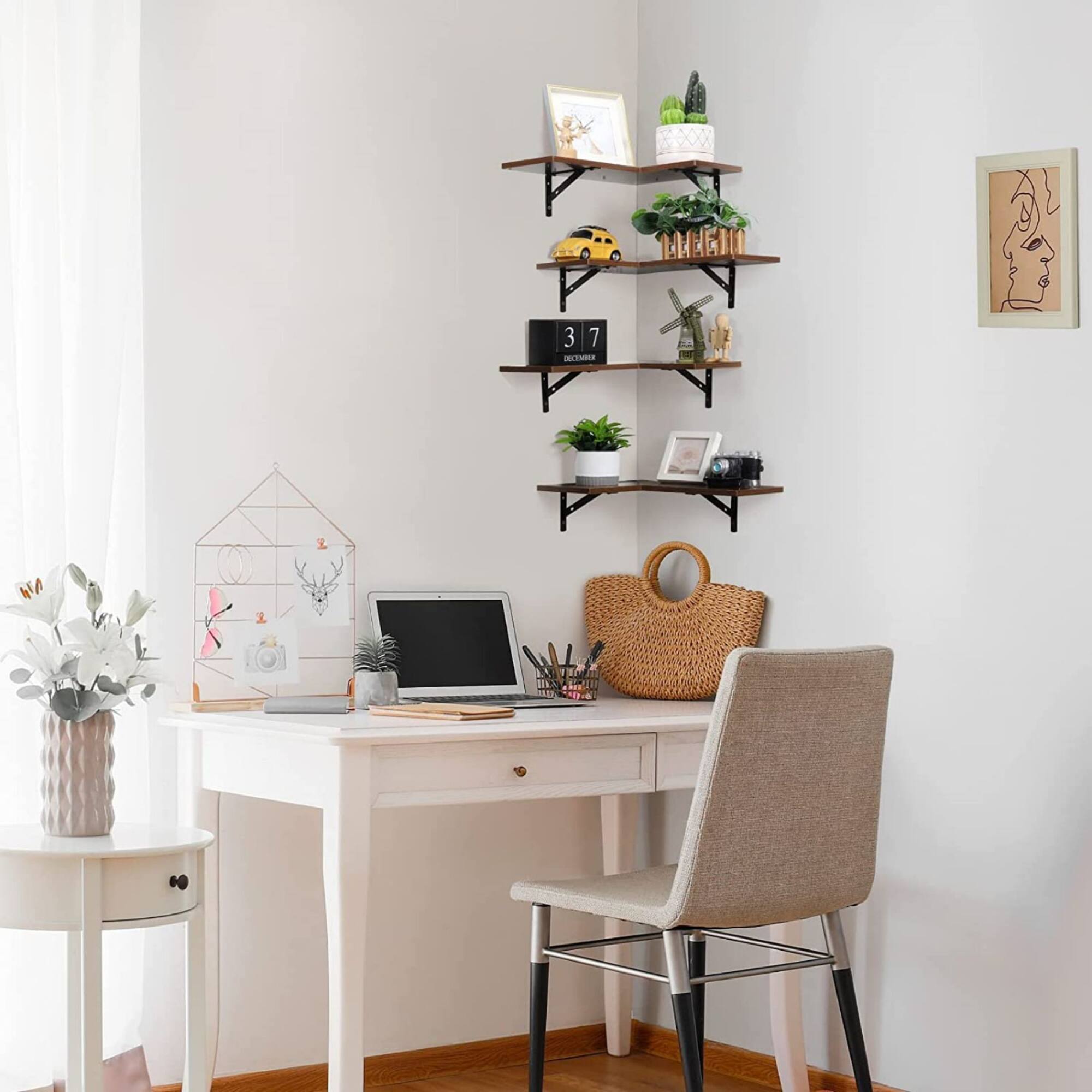Brown Wood Wall Mounted Corner Floating Shelf Set